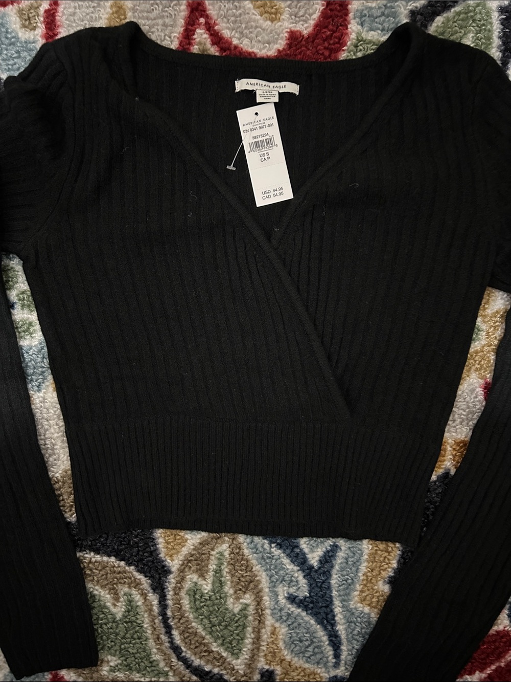 American Eagle Outfitters Black Ribbed V-Neck Wrap Crop Sweater - Picture 3 of 3